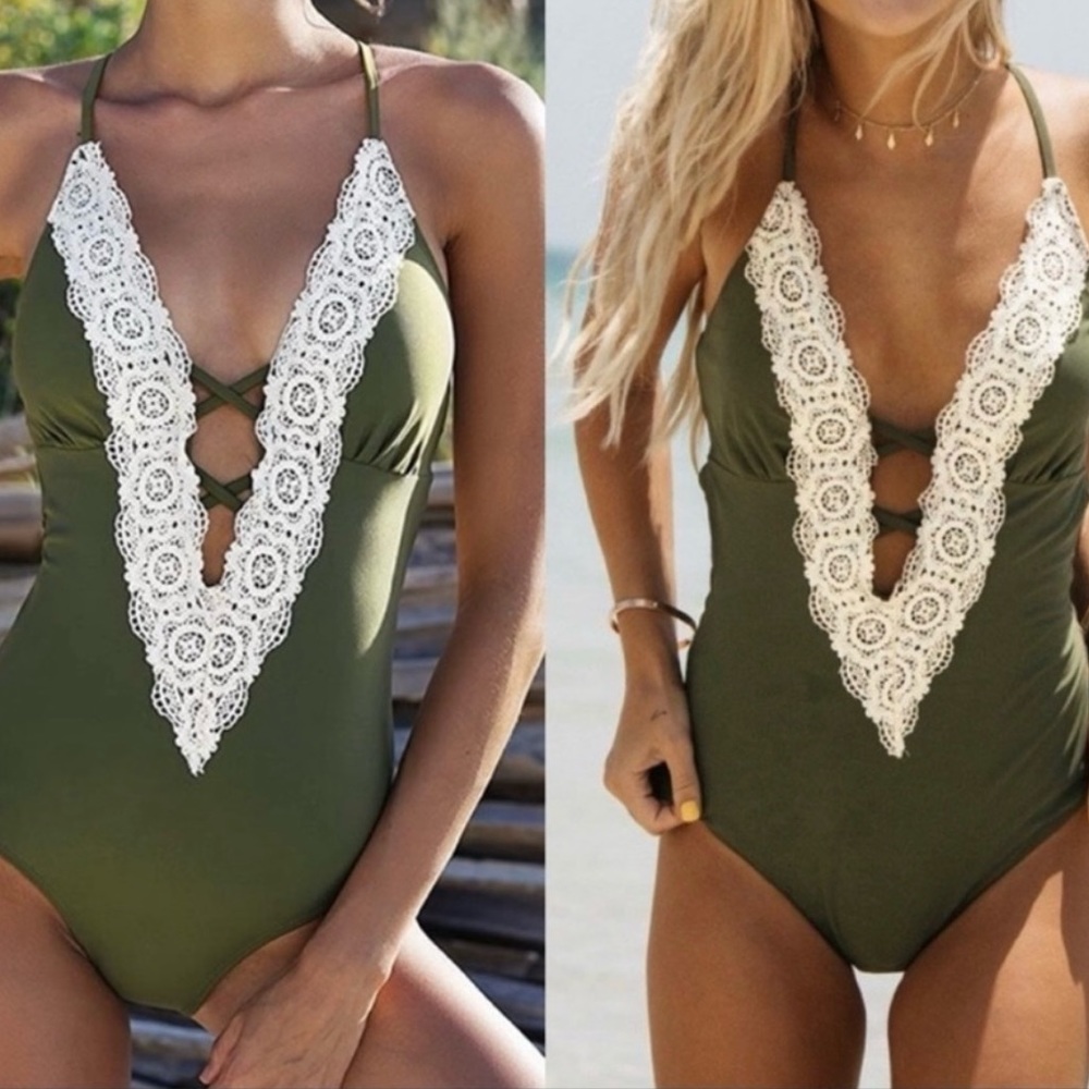 Green One Piece Swimsuit Cream/tan Lace Size M